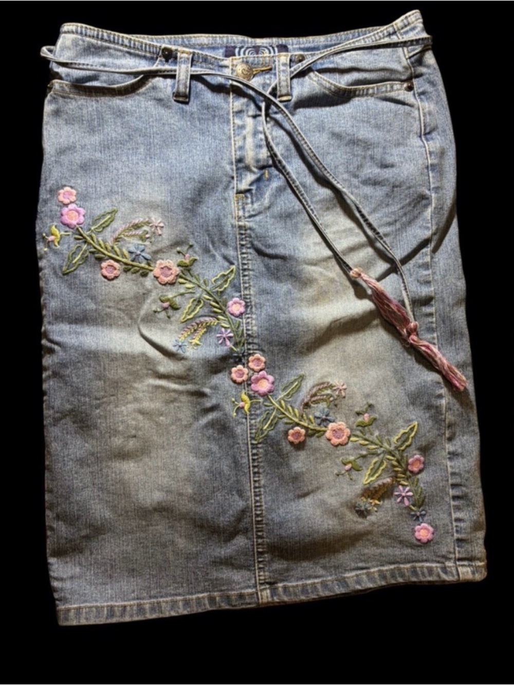 Vintage Y2K 90’s Angels Denim Pencil Skirt with Floral Embroidery - Picture 7 of 7